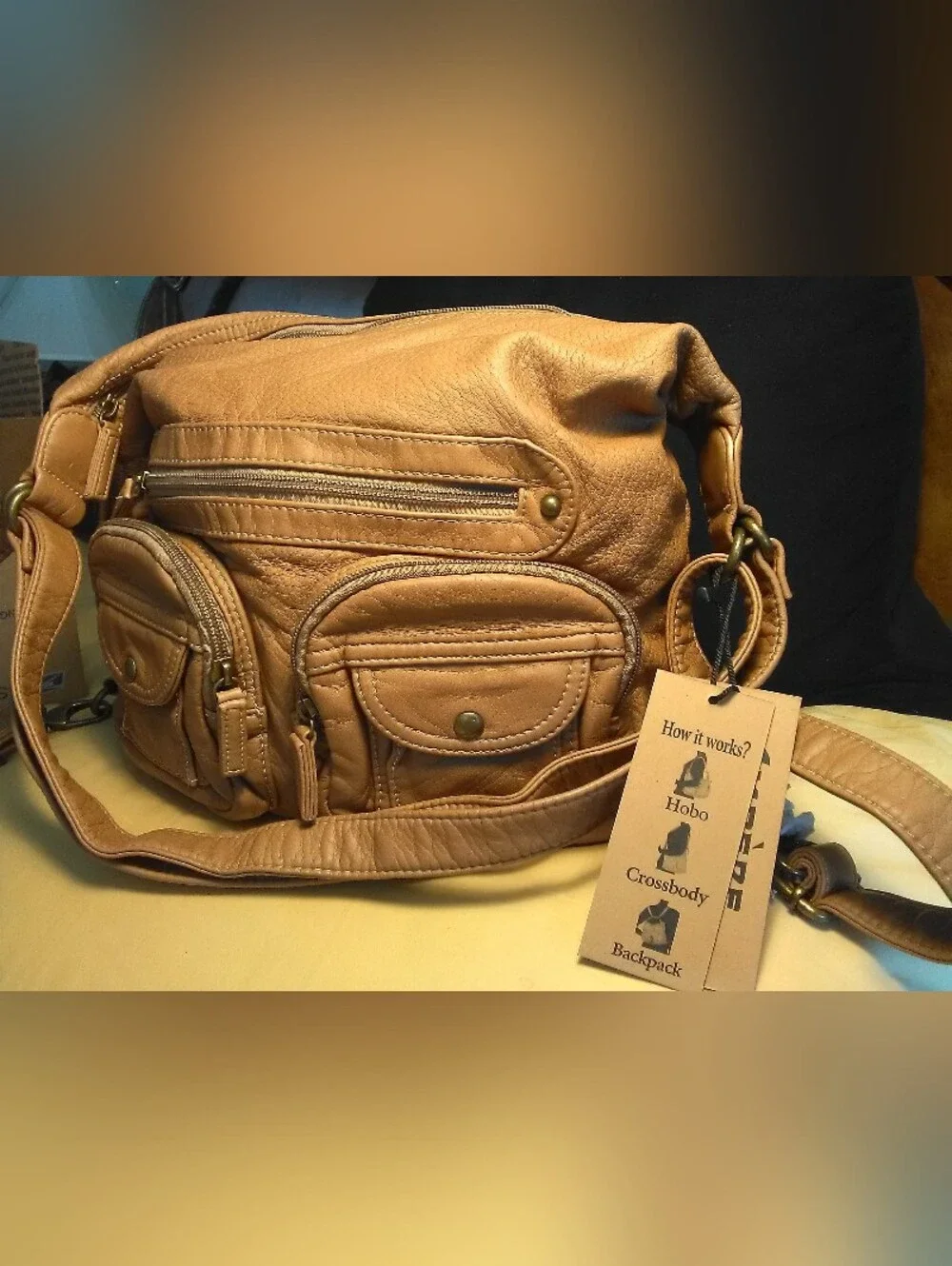 NWT AMPERE CREATIONS HOBO BAG VEGAN Leather Multi-Pocket Convertible SO SOFT!